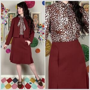 Vintage 1960s Two Piece Crop Jacket & Long Sleeve Kitten Bow Animal Print Dress